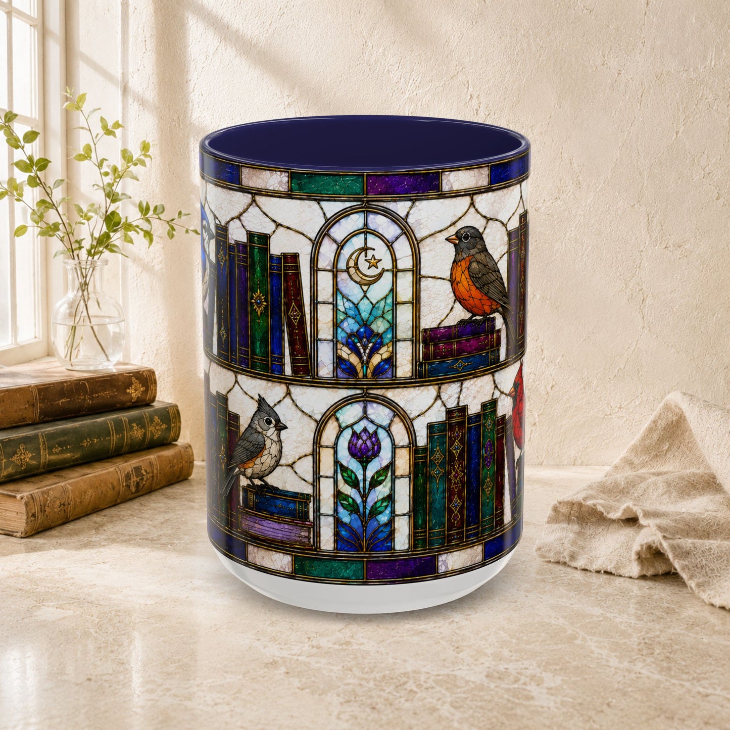 Birds in the Stacks - Stained Glass Style Mug