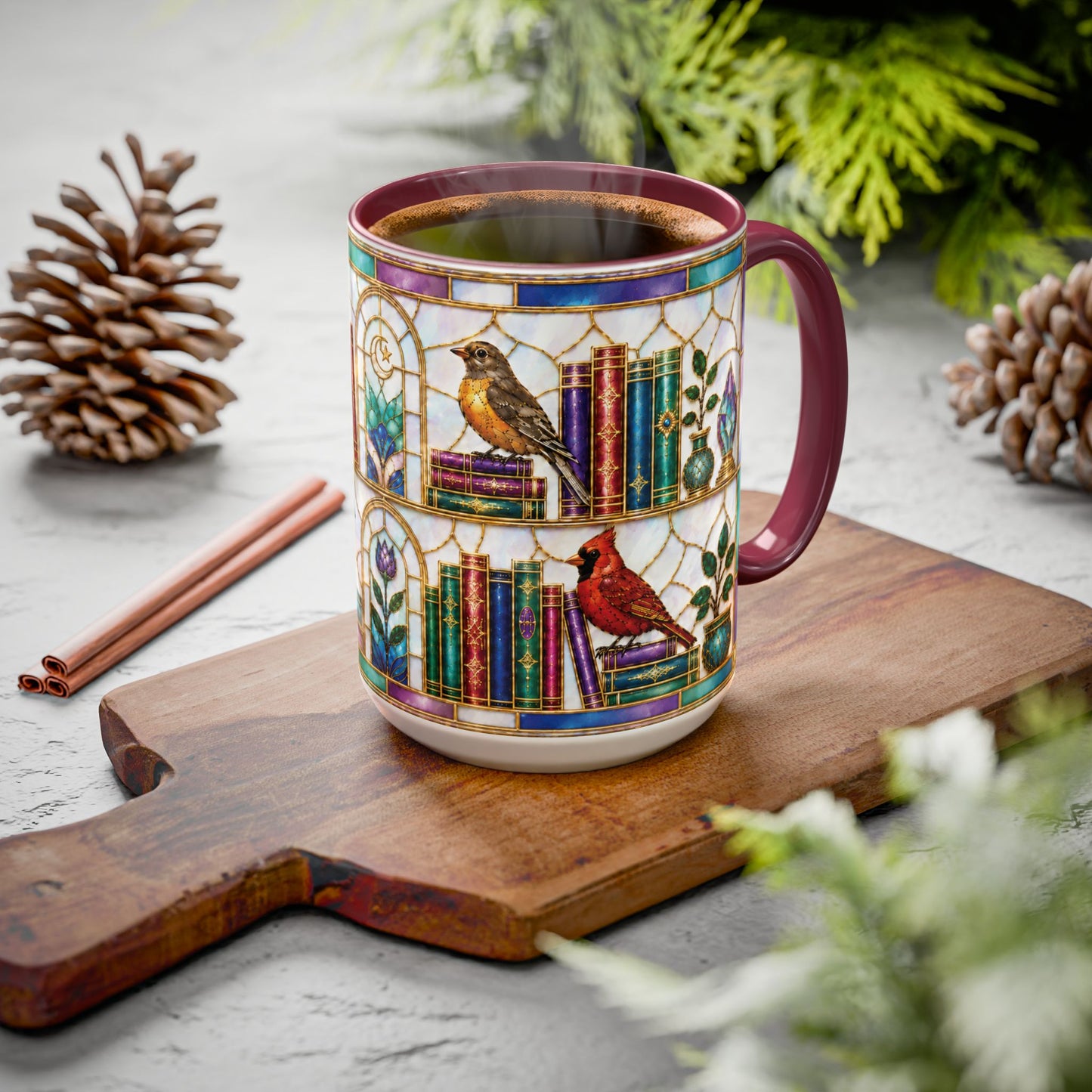 Birds in the Stacks - Stained Glass Style Mug