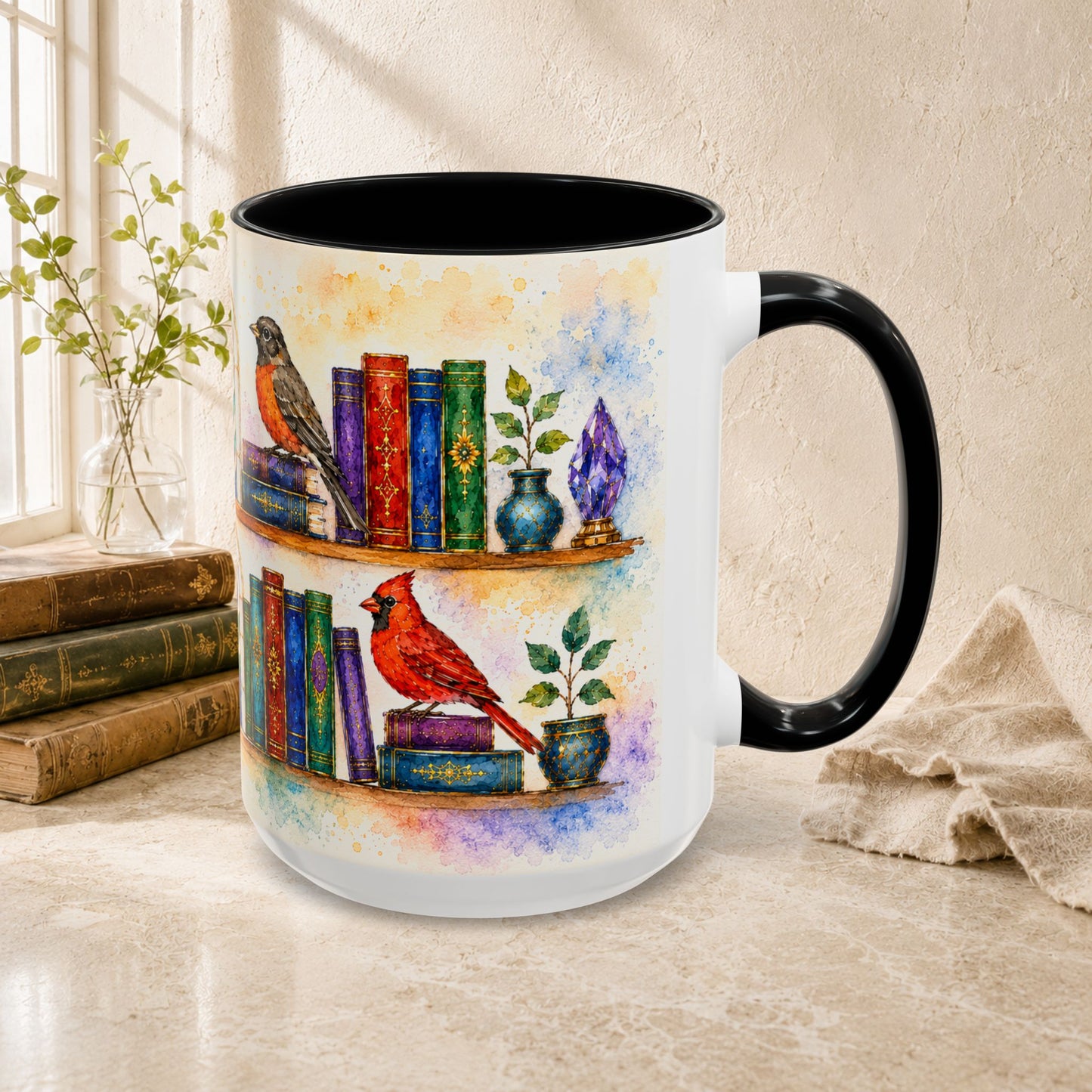 Birds in the Stacks - Watercolor Style Mug