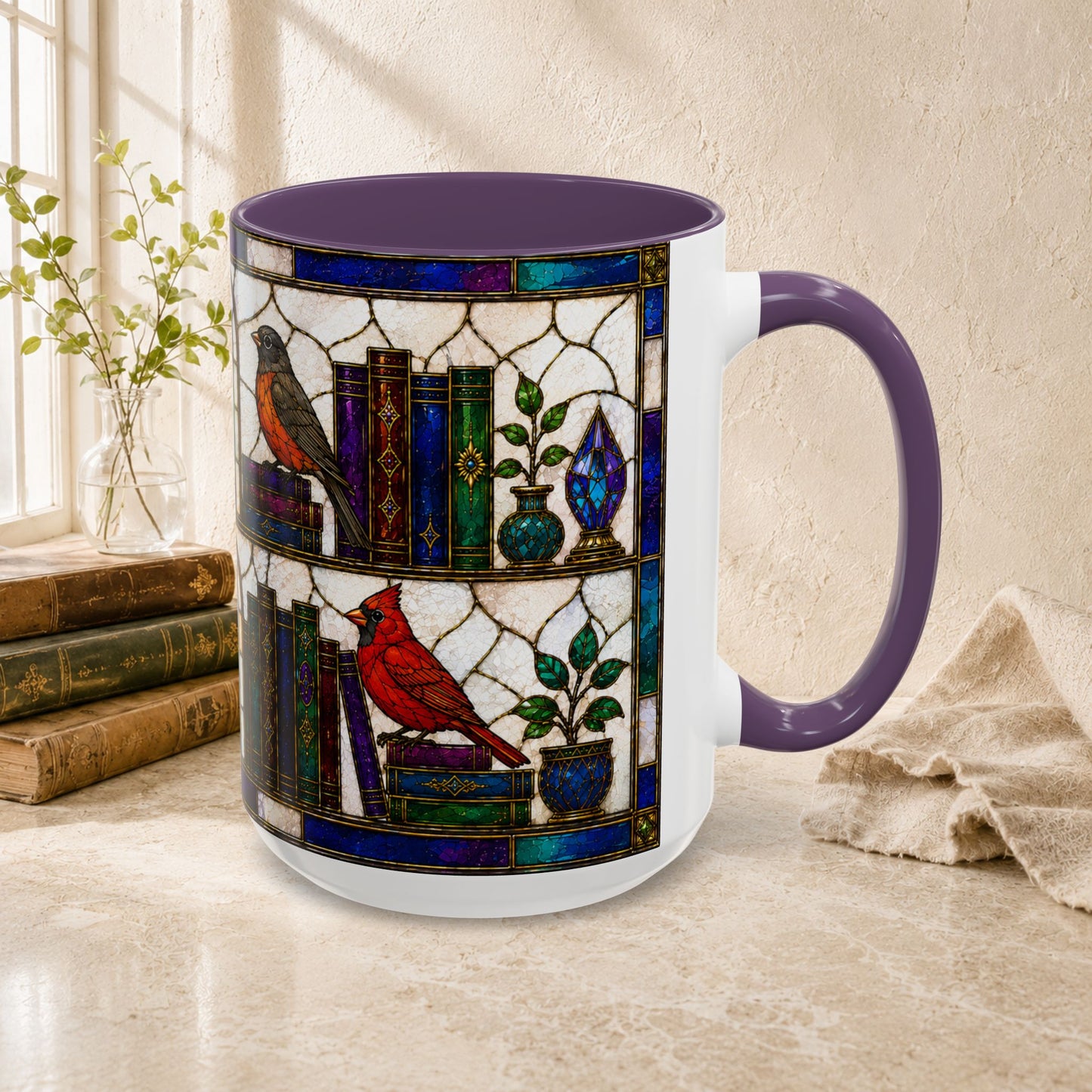 Birds in the Stacks - Stained Glass Style Mug