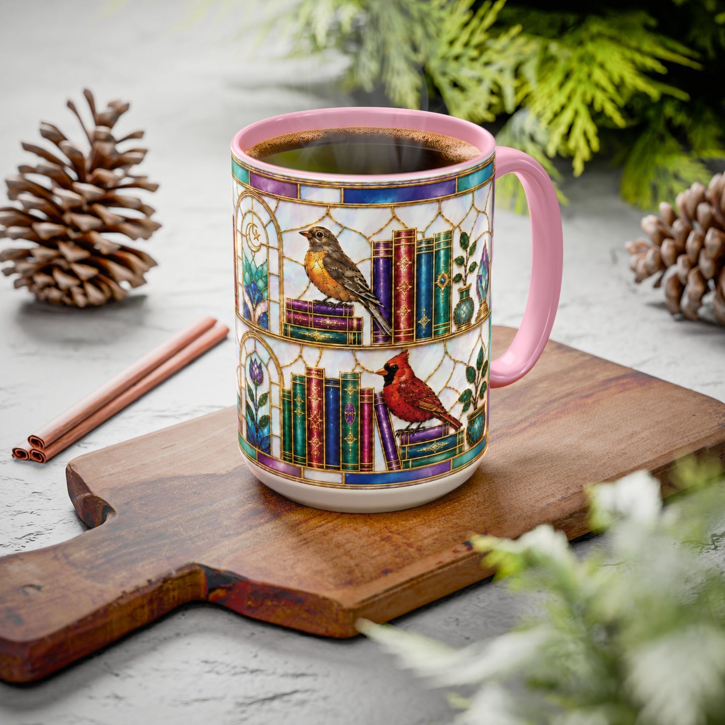 Birds in the Stacks - Stained Glass Style Mug