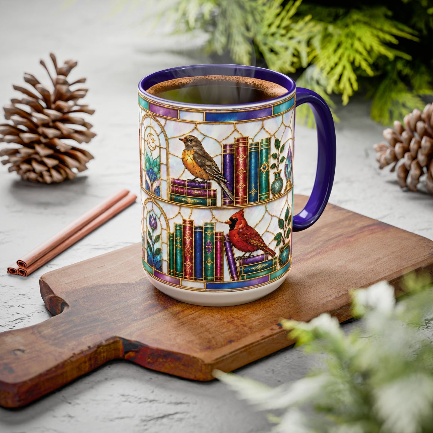 Birds in the Stacks - Stained Glass Style Mug