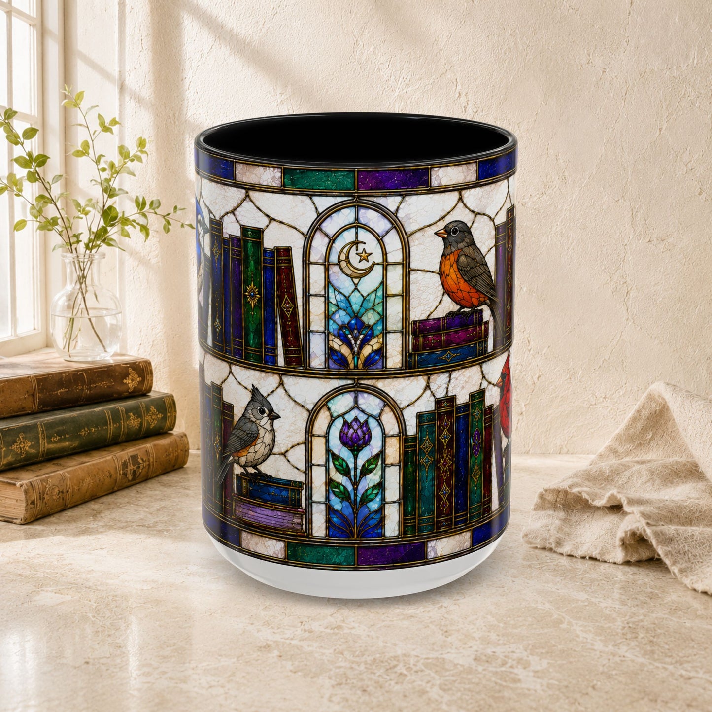 Birds in the Stacks - Stained Glass Style Mug