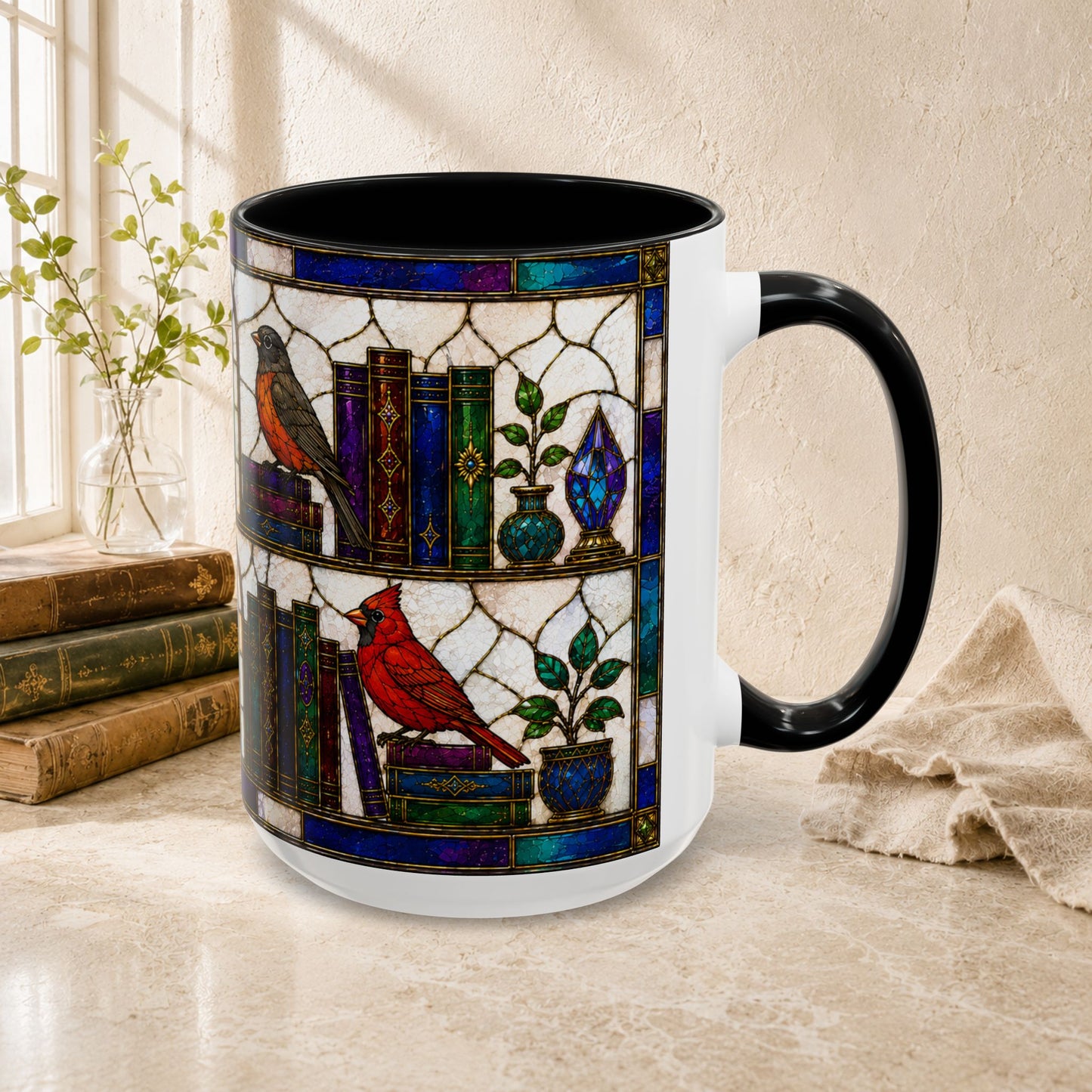 Birds in the Stacks - Stained Glass Style Mug