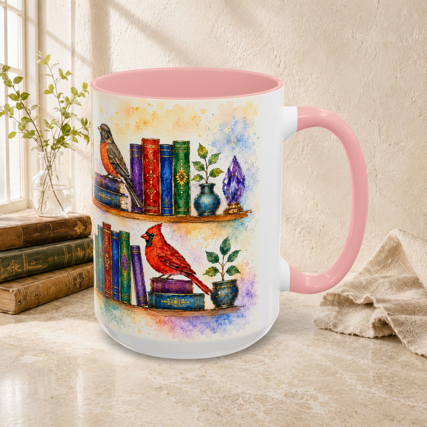 Birds in the Stacks - Watercolor Style Mug