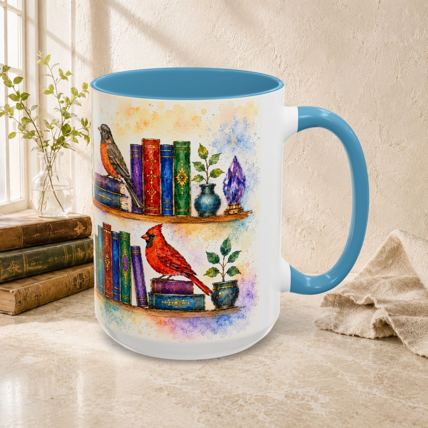 Birds in the Stacks - Watercolor Style Mug