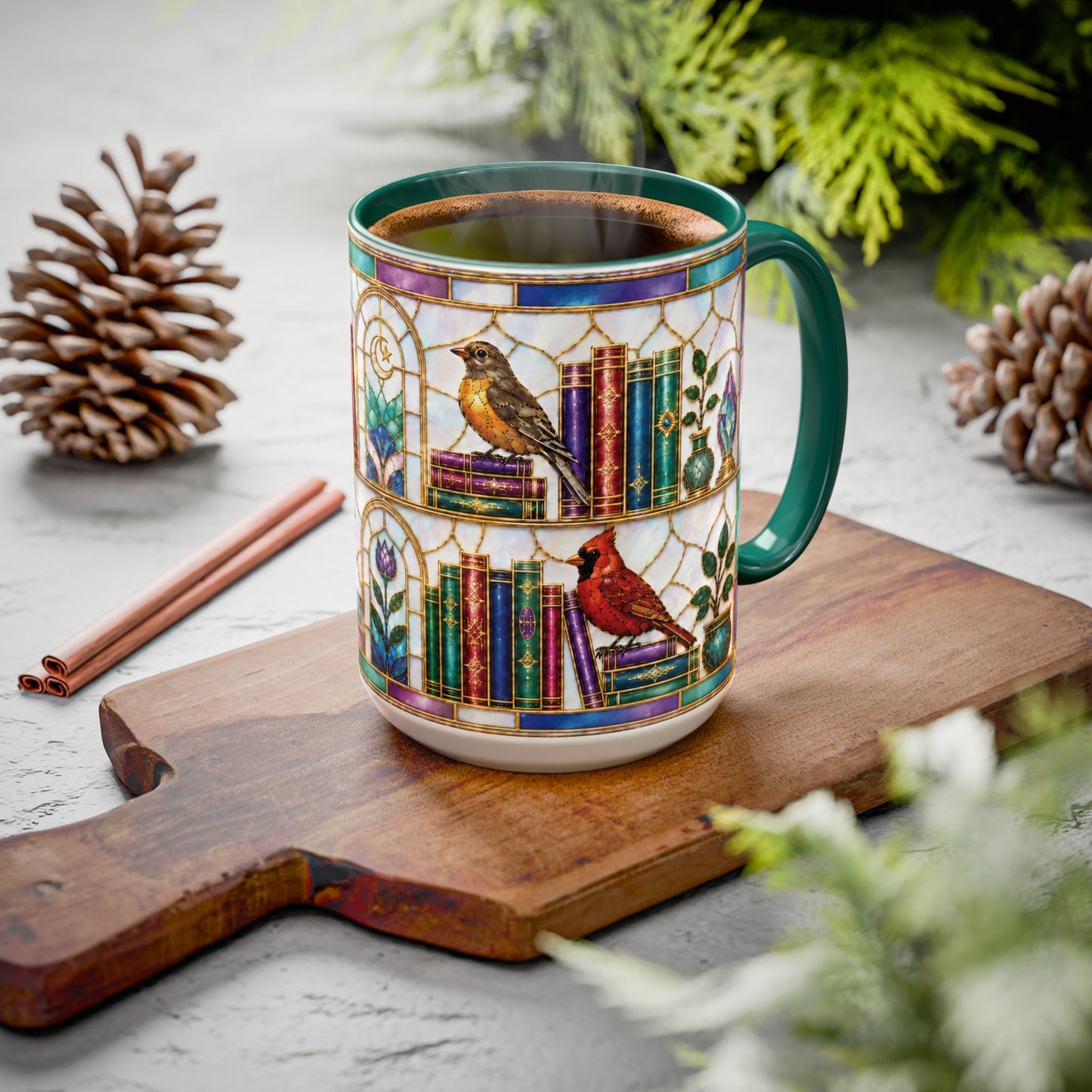 Birds in the Stacks - Stained Glass Style Mug