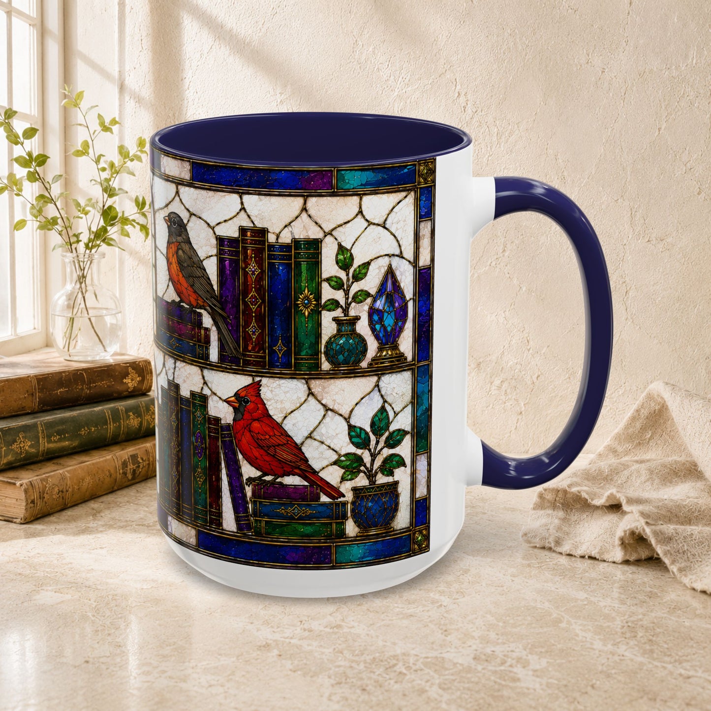 Birds in the Stacks - Stained Glass Style Mug